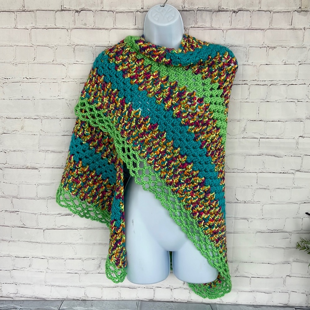 Crochet multi colored shawl triangle, retro 70’s style
